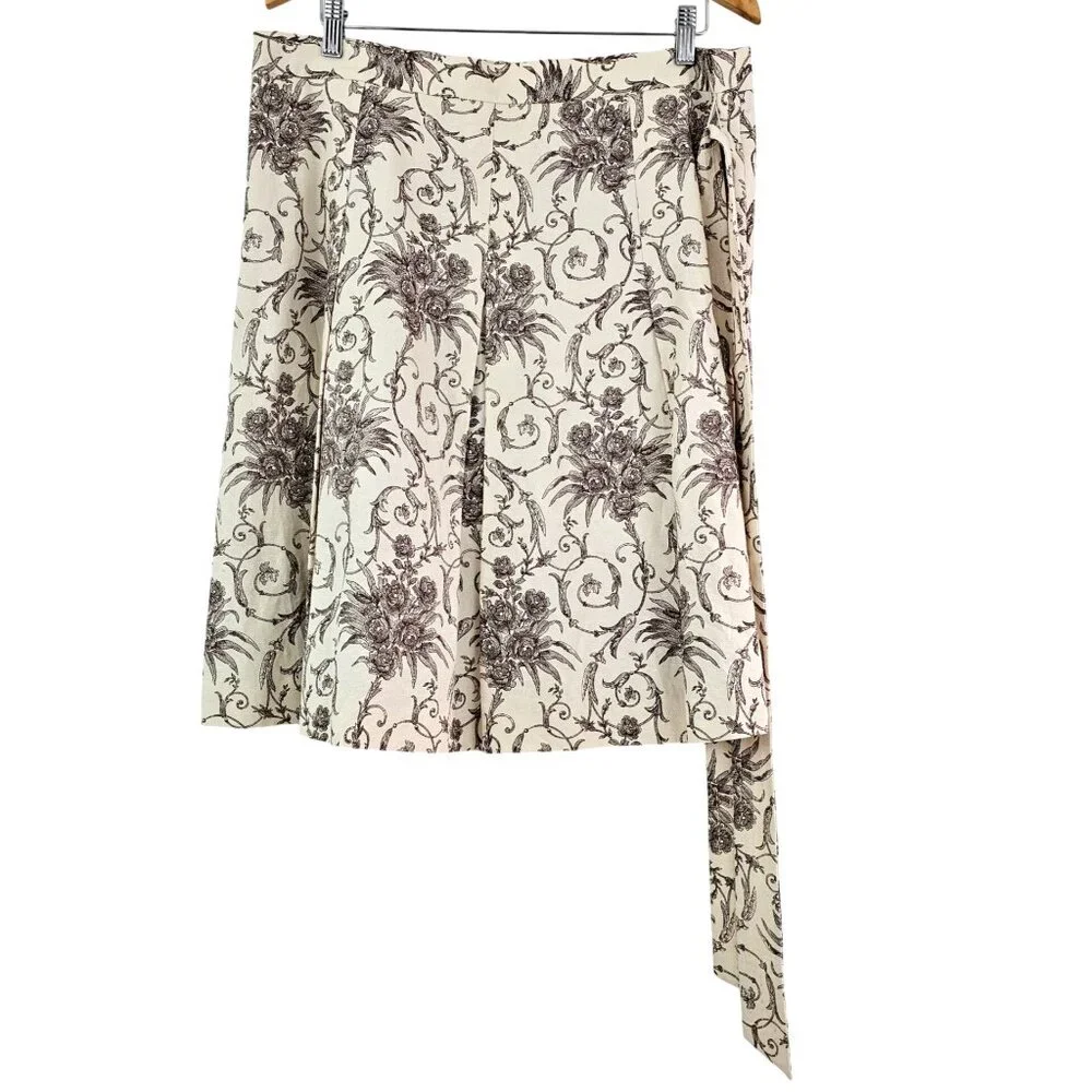 Faconnable Women 14 Ecru Hazelnut Floral Pleat Cotton Linen Skirt Lined Romantic
